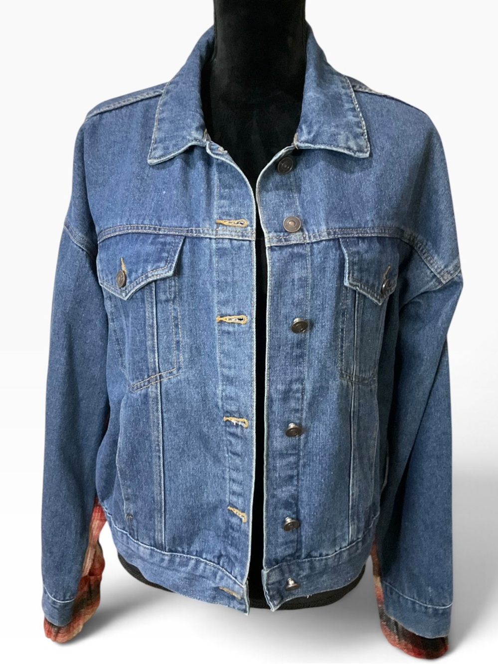 BKE Classic Blue Denim Trucker Jacket with Red Flannel Wool Blend Back